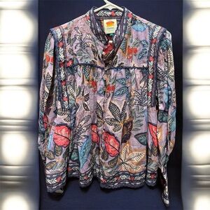 FARM Rio Colorful Leaf Pattern Blouse SMALL long sleeve